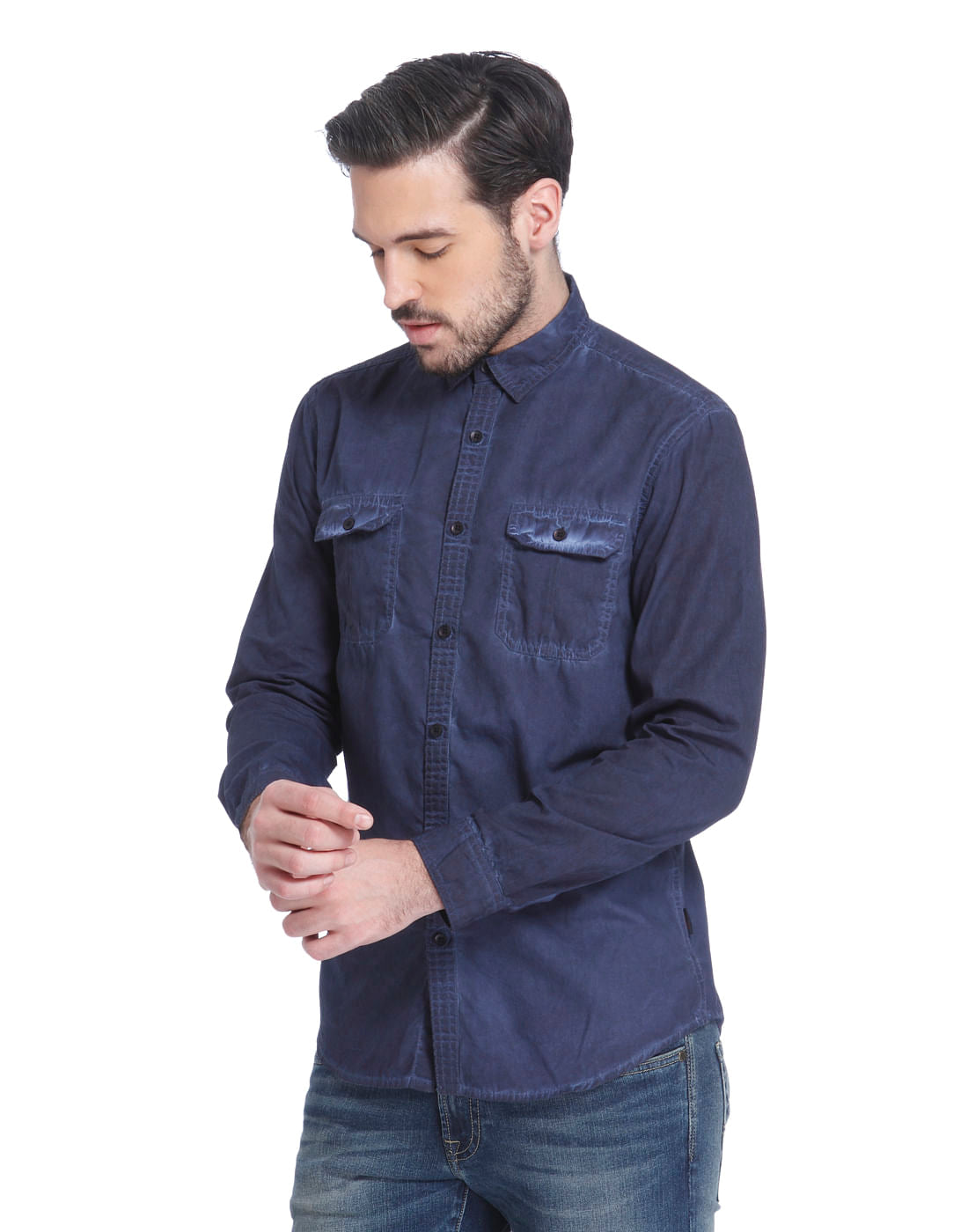 Dark Blue Over Dyed Slim Fit Shirt