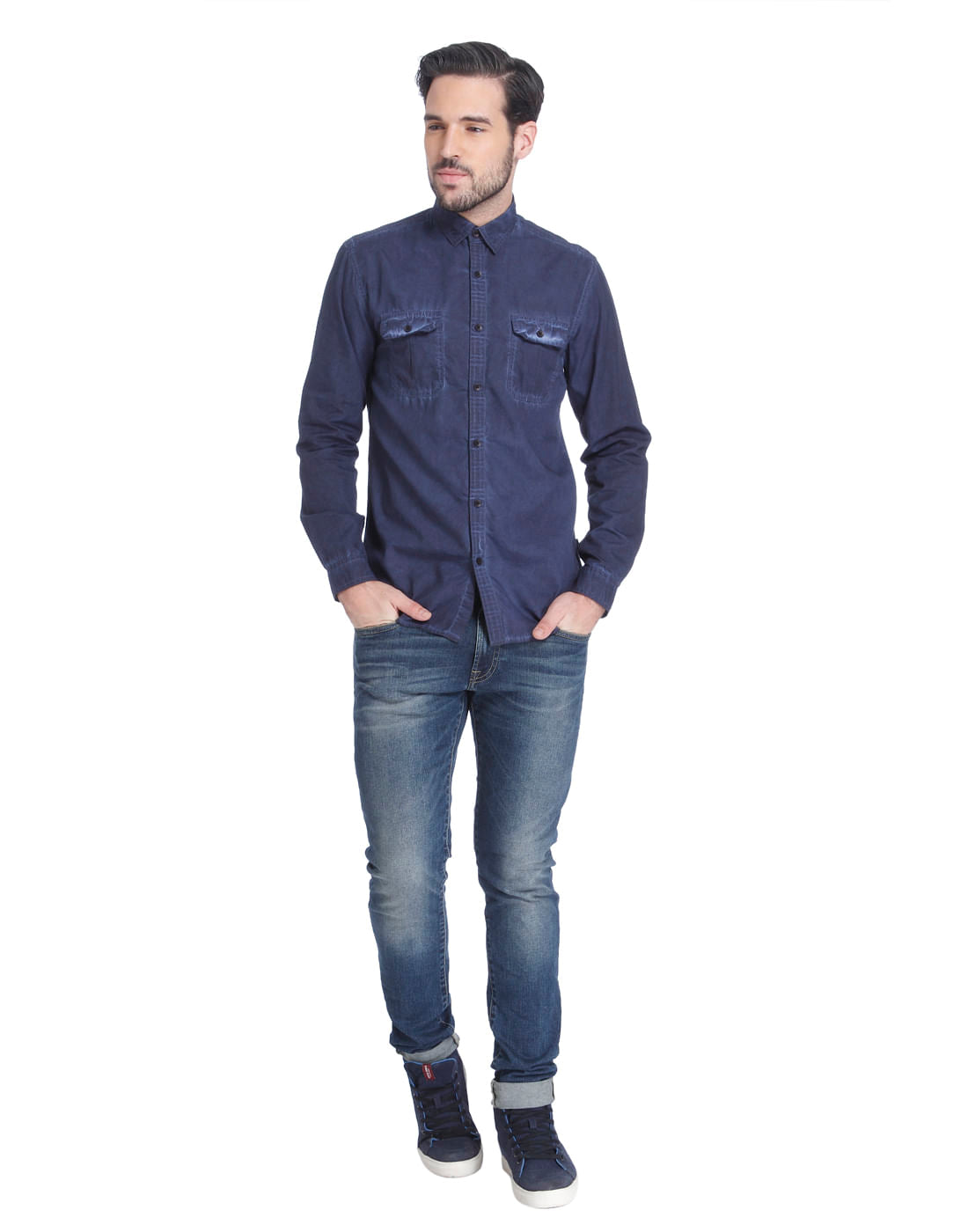 Dark Blue Over Dyed Slim Fit Shirt