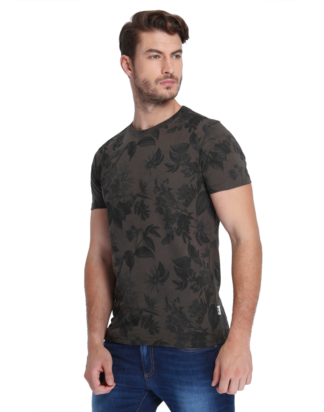 Brown Tropical Print Crew Neck T-Shirt