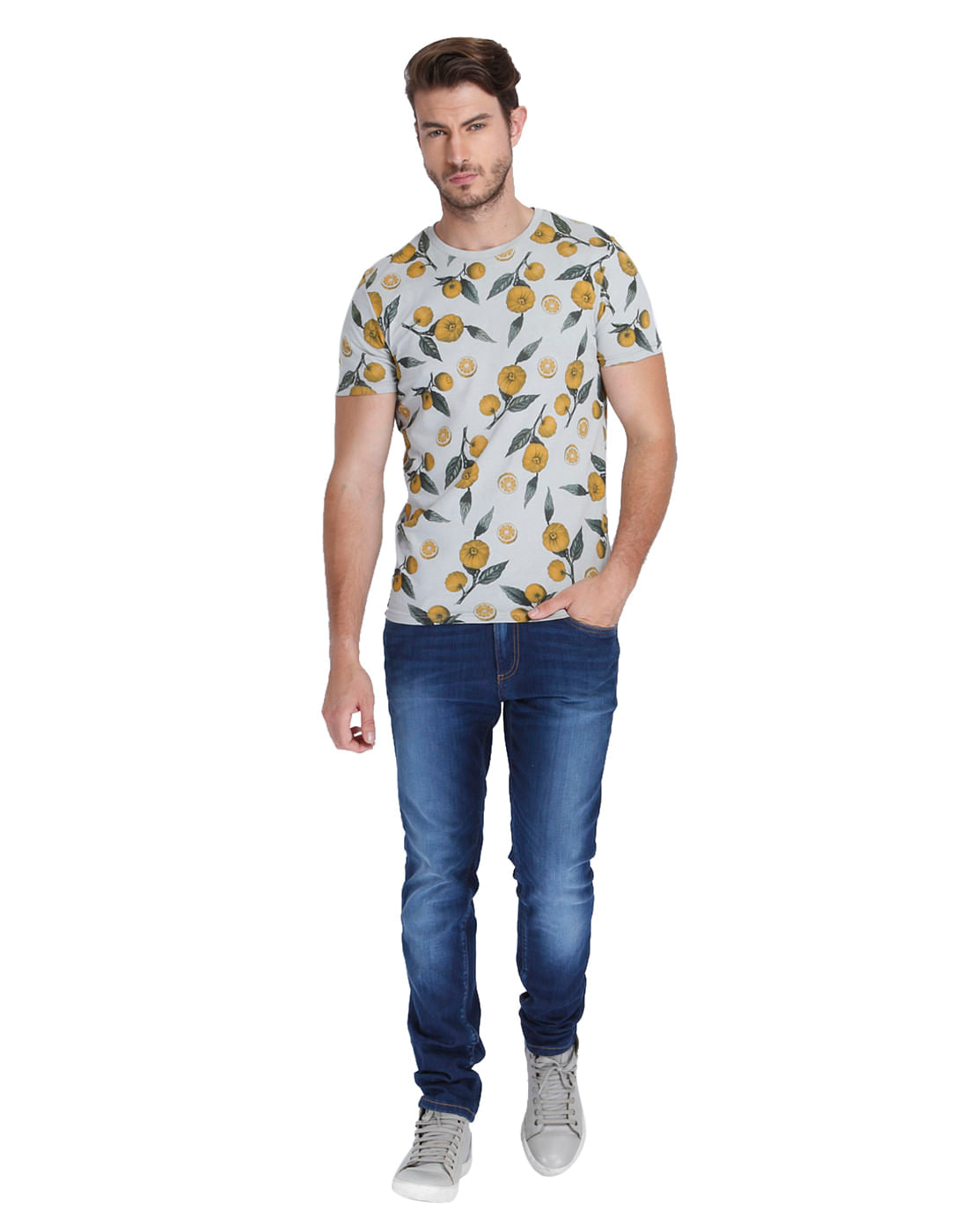 Grey Lemon Print Crew Neck T-Shirt