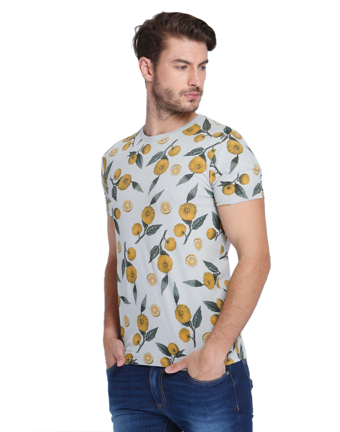 Grey Lemon Print Crew Neck T-Shirt