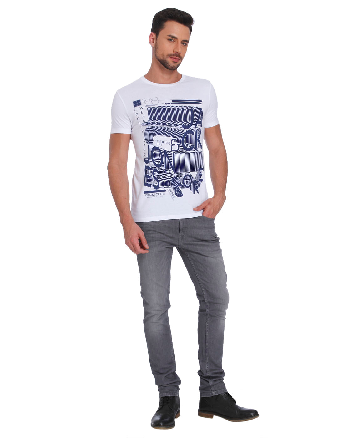 White & Blue Printed Crew Neck T- Shirt