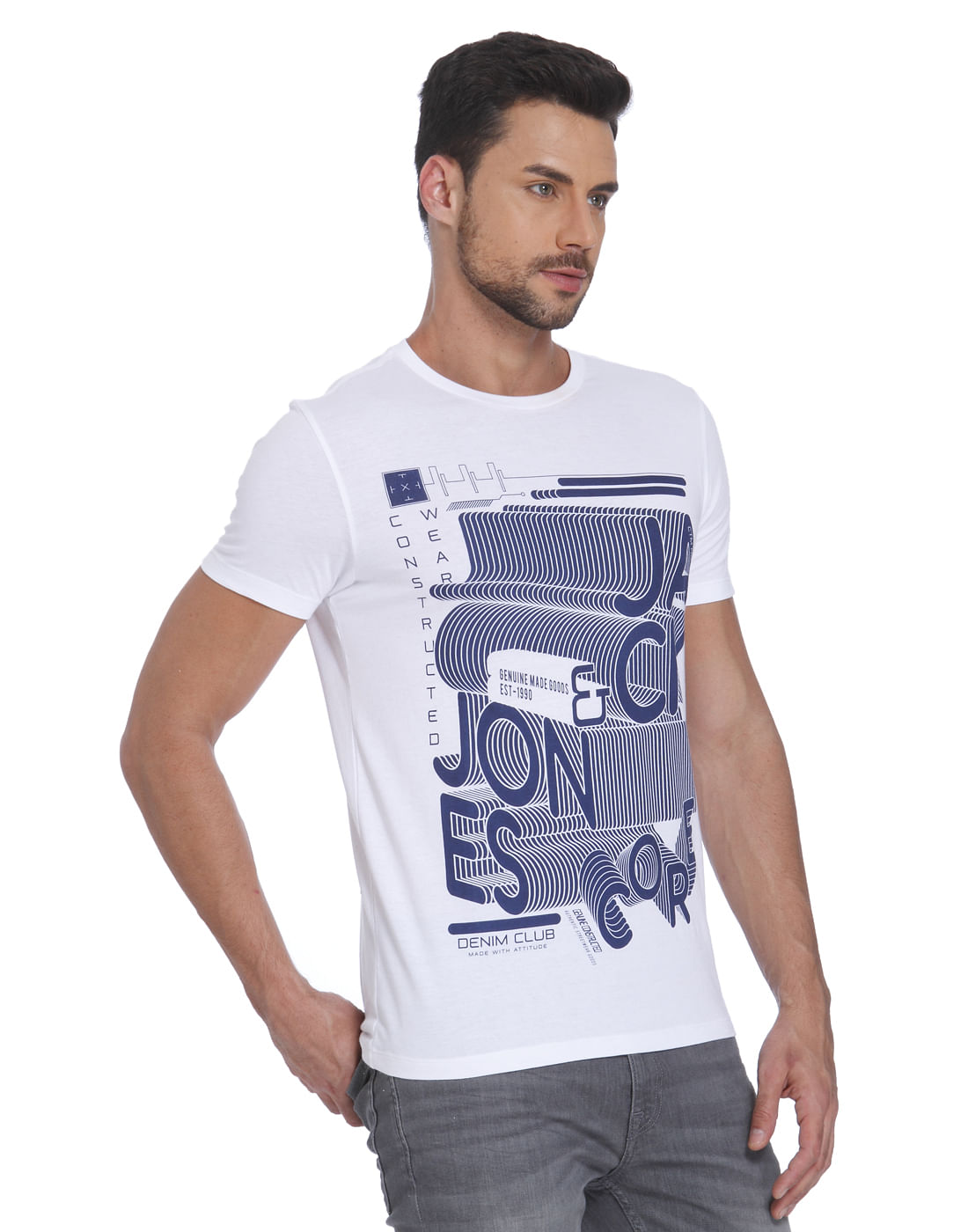 White & Blue Printed Crew Neck T- Shirt
