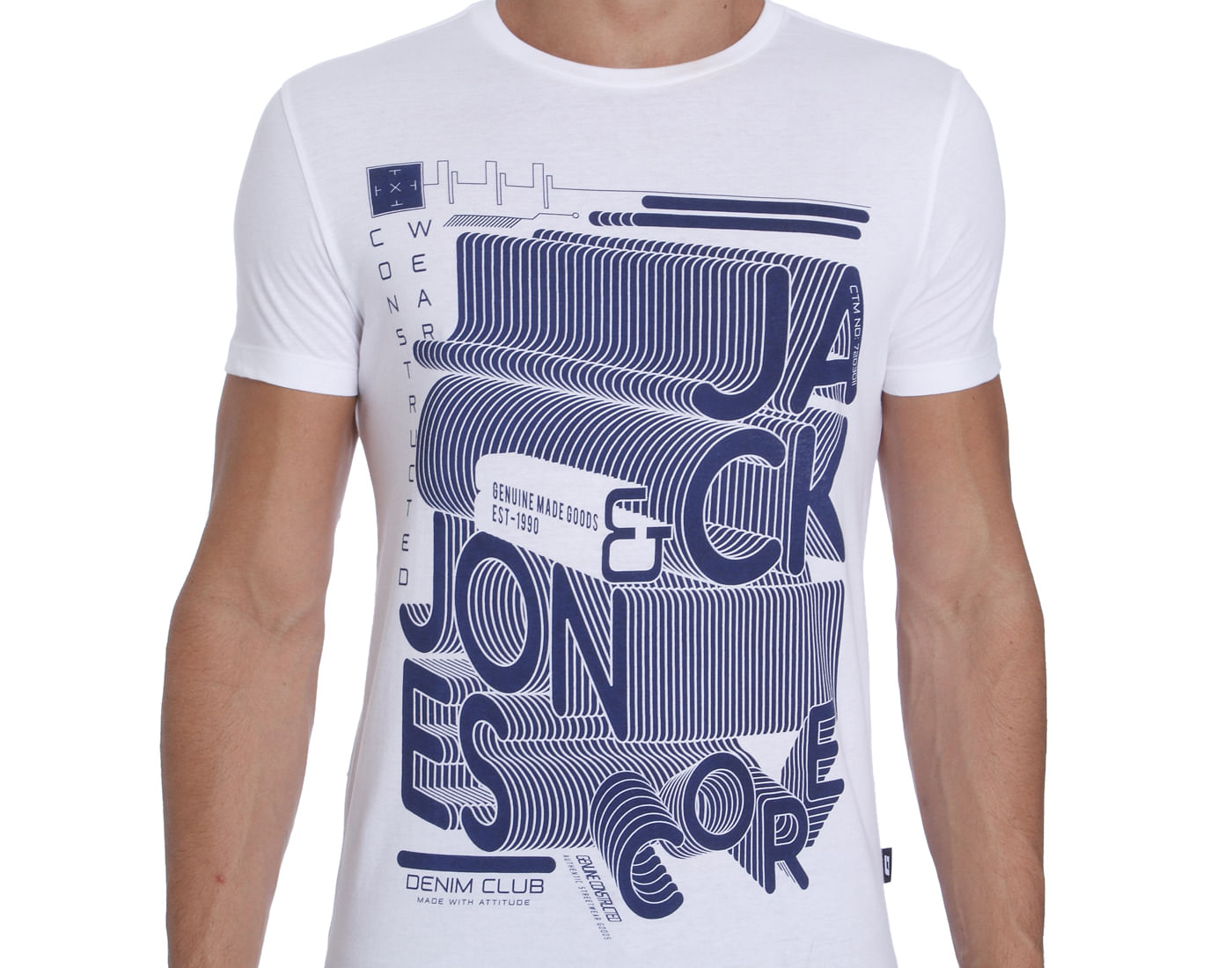 White & Blue Printed Crew Neck T- Shirt