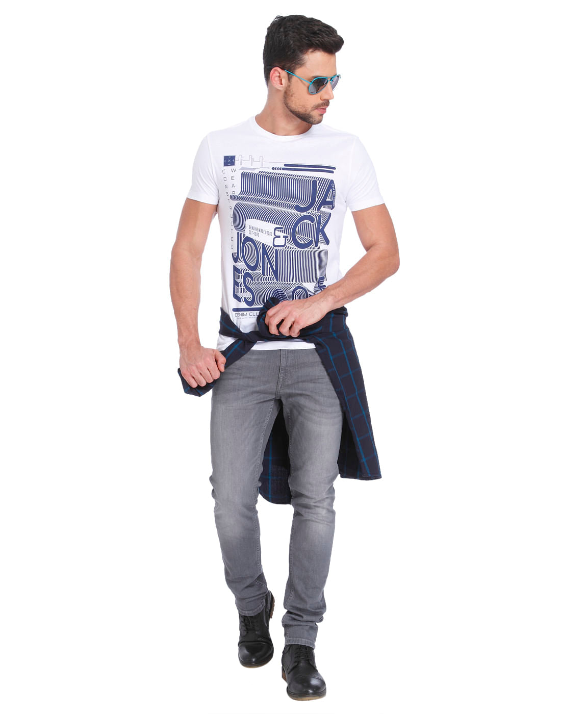 White & Blue Printed Crew Neck T- Shirt