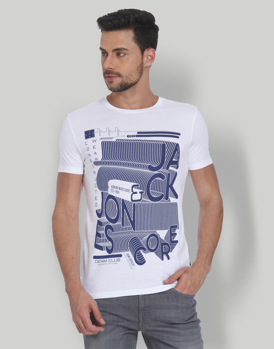 White & Blue Printed Crew Neck T- Shirt