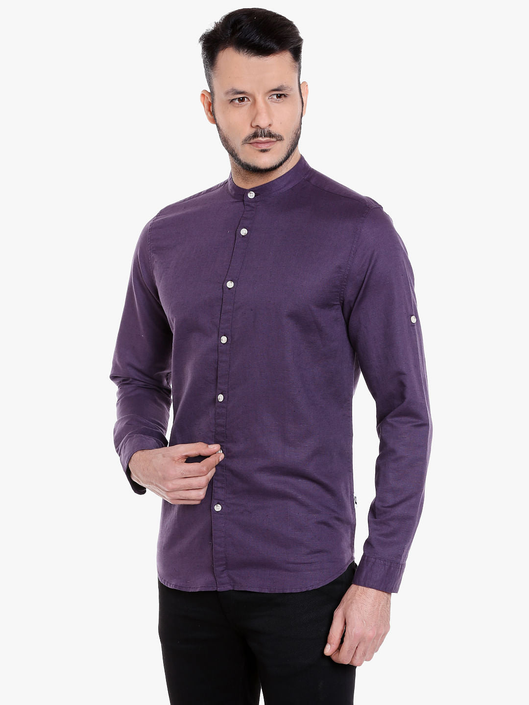 Purple Mandarin Collar Linen Shirt