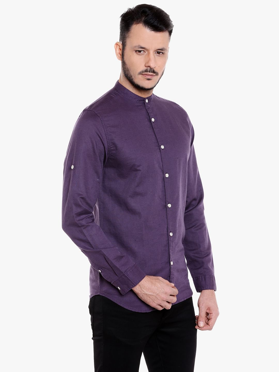 Purple Mandarin Collar Linen Shirt