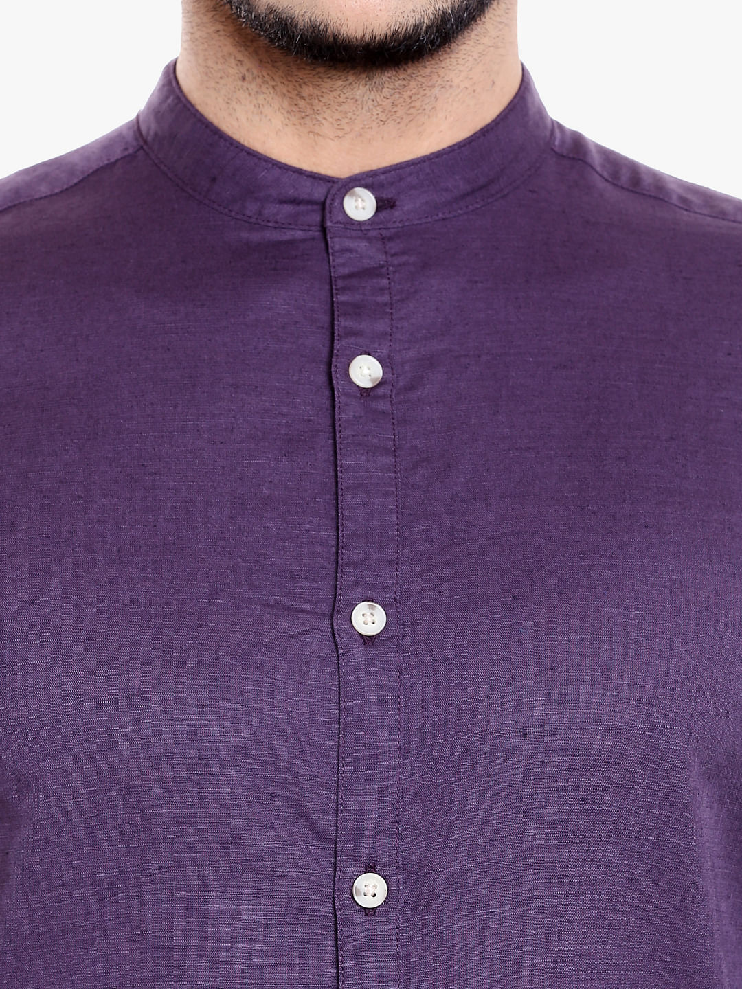 Purple Mandarin Collar Linen Shirt
