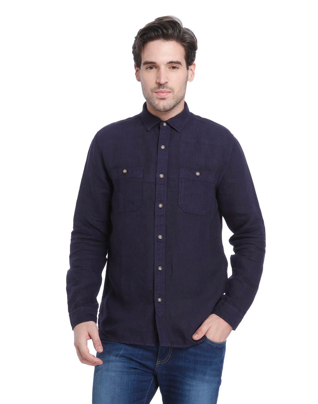 Dark Blue Linen Slim Fit Shirt