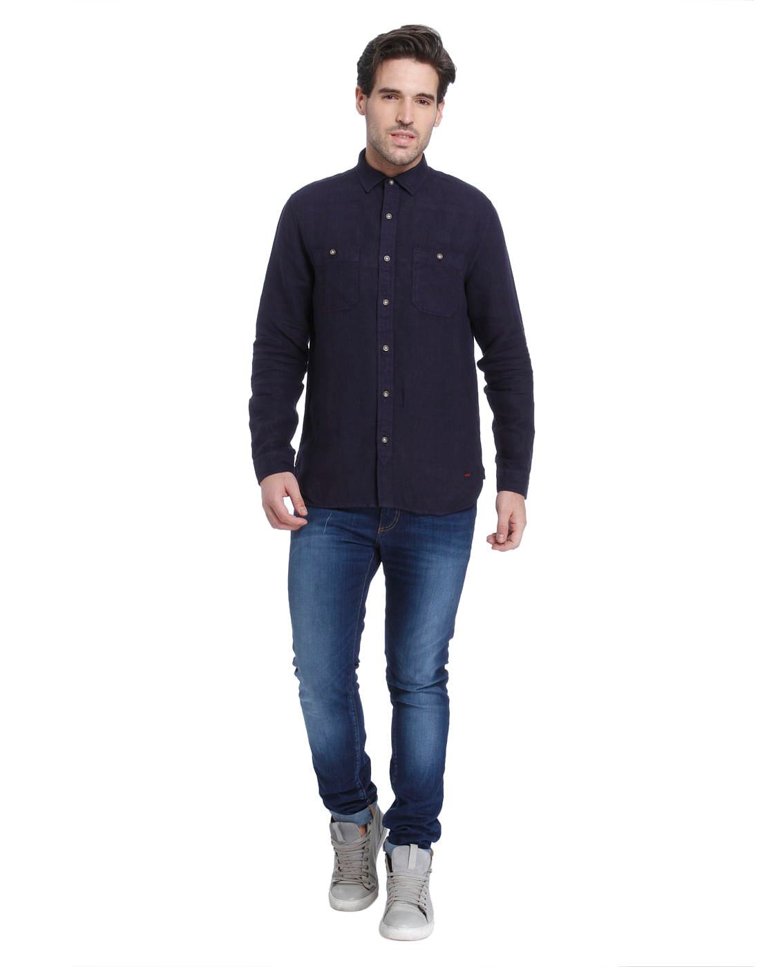 Dark Blue Linen Slim Fit Shirt