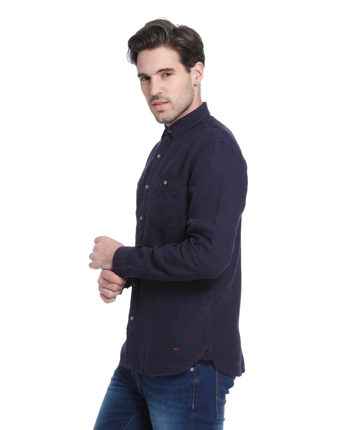 Dark Blue Linen Slim Fit Shirt