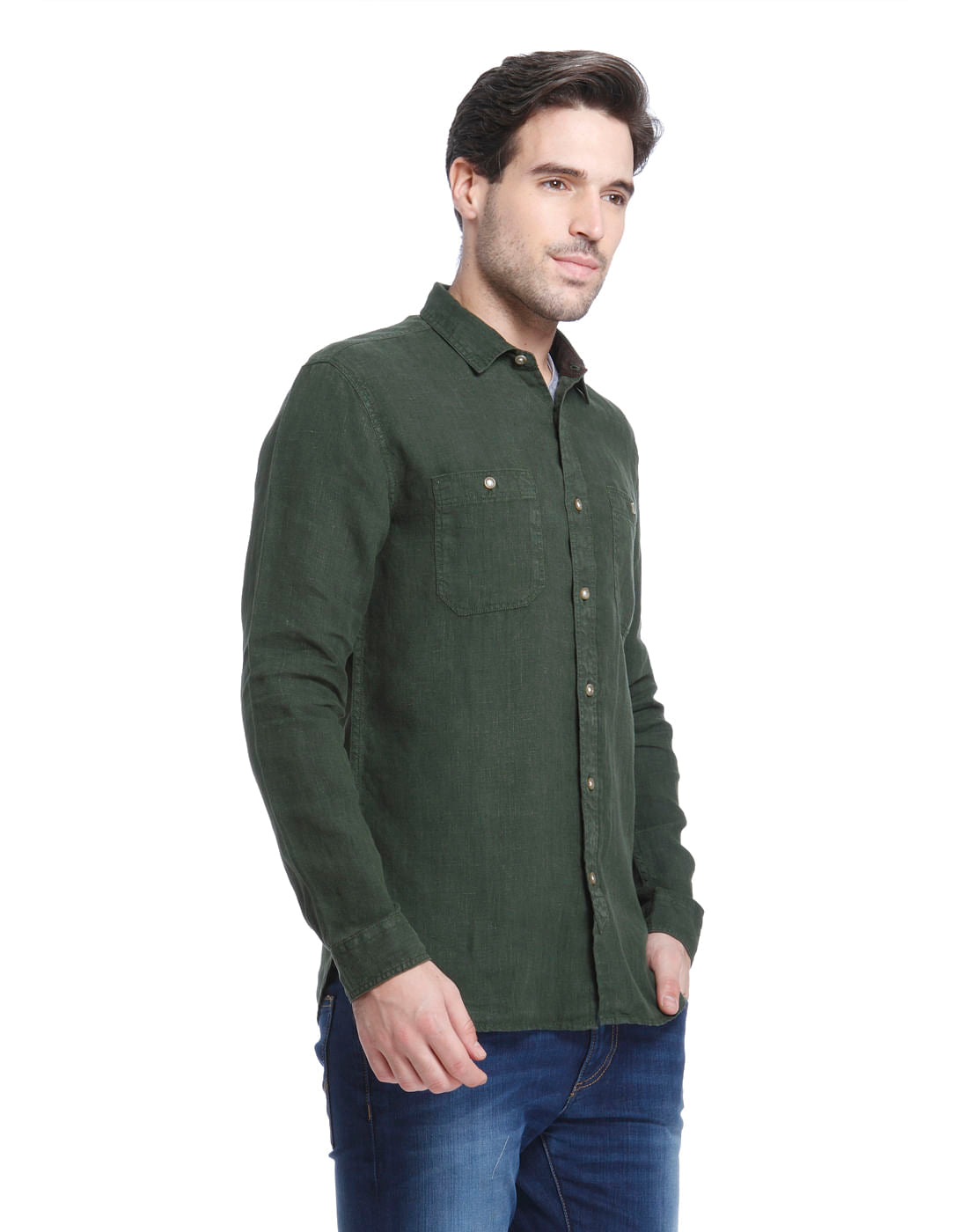 Forest Green Linen Slim Fit Shirt