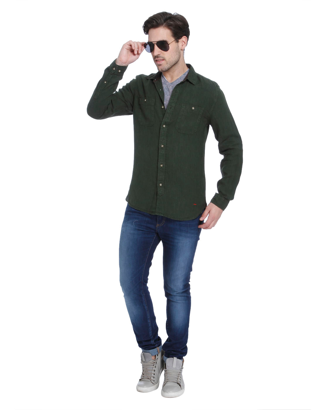 Forest Green Linen Slim Fit Shirt
