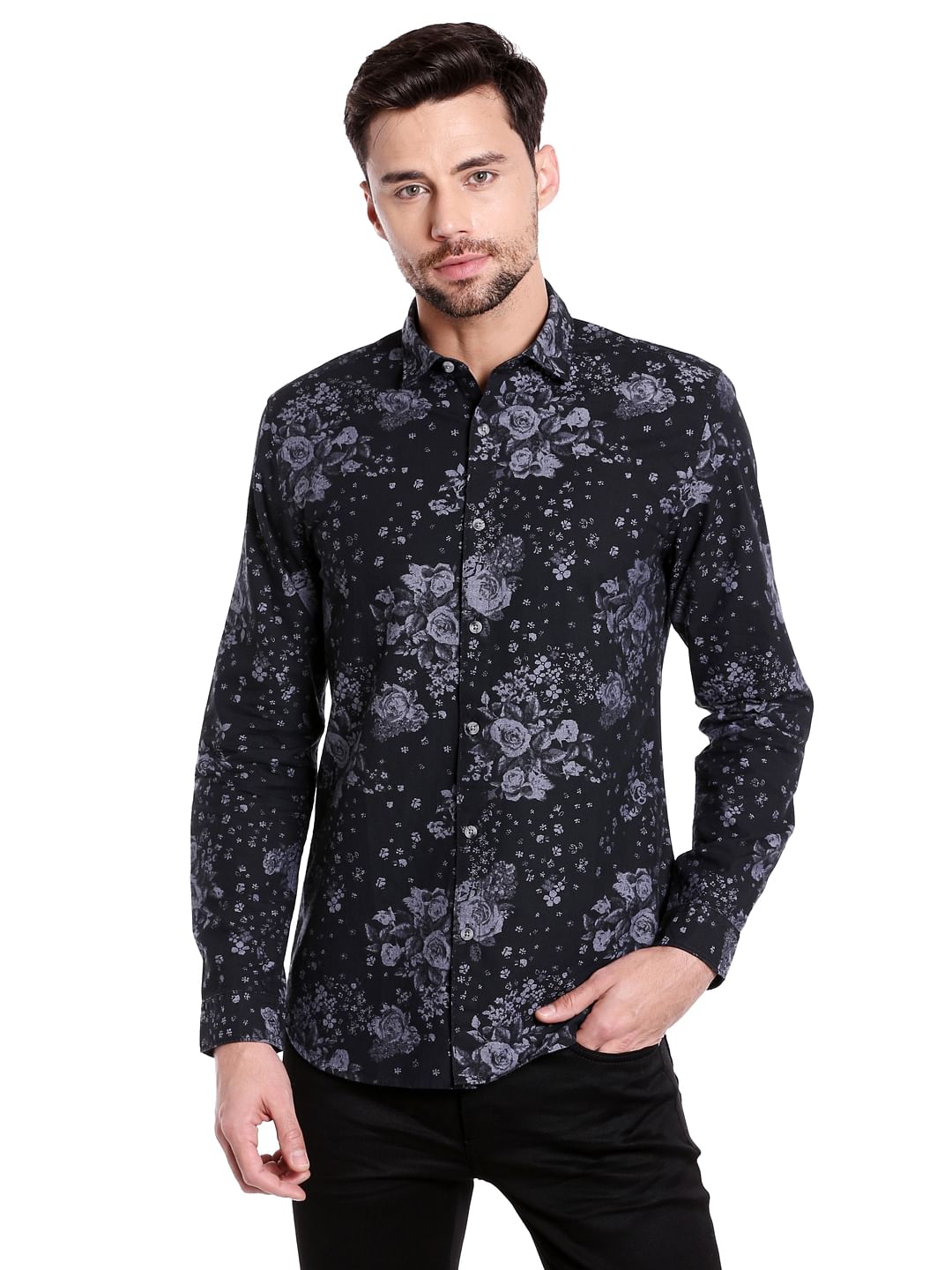 Black Floral Print Slim Fit Shirt