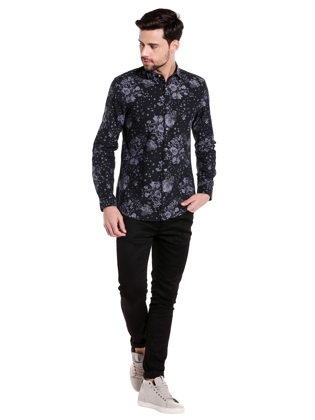 Black Floral Print Slim Fit Shirt