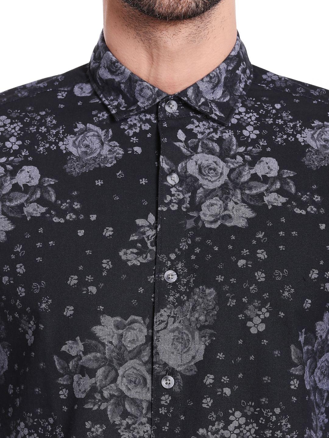 Black Floral Print Slim Fit Shirt