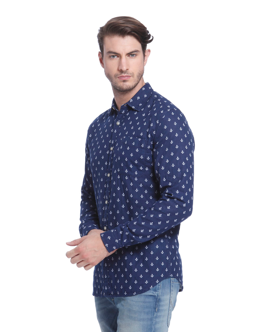 Blue Anchor Print Slim Fit Shirt