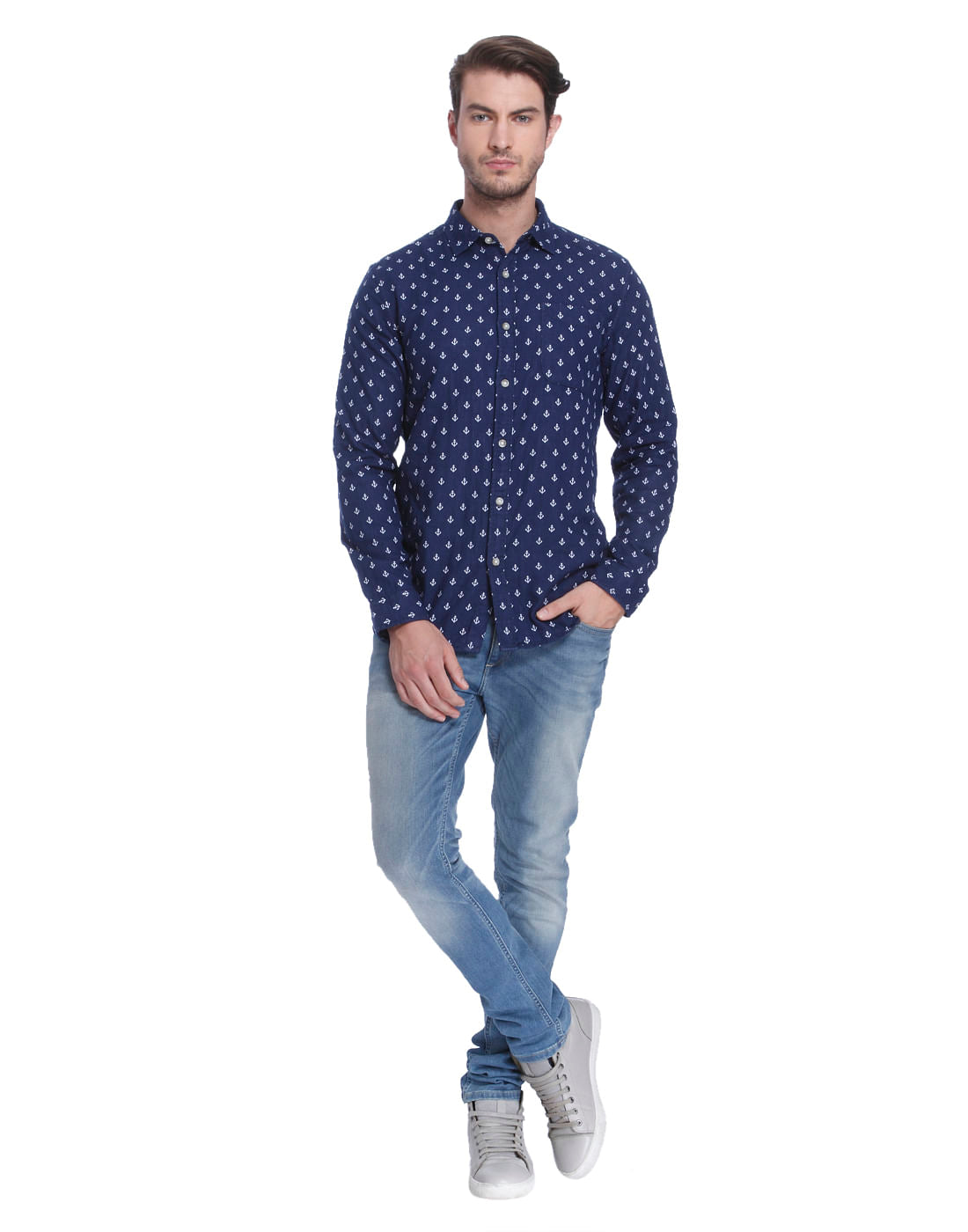 Blue Anchor Print Slim Fit Shirt