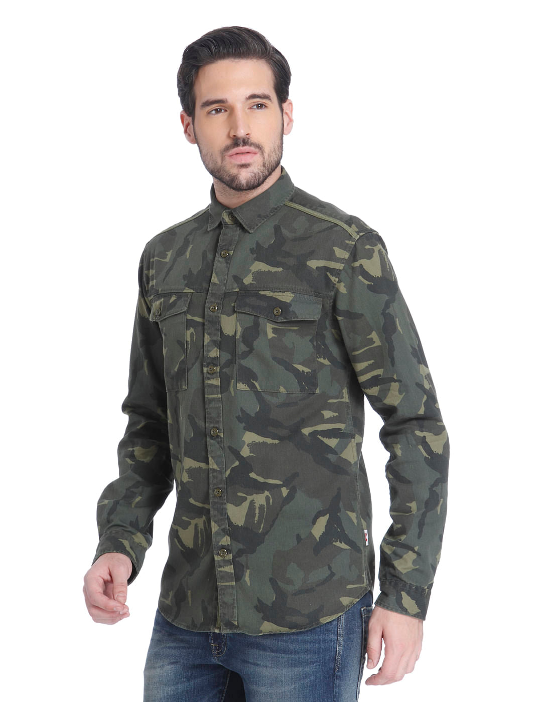 Green Camo Print Slim Fit Shirt