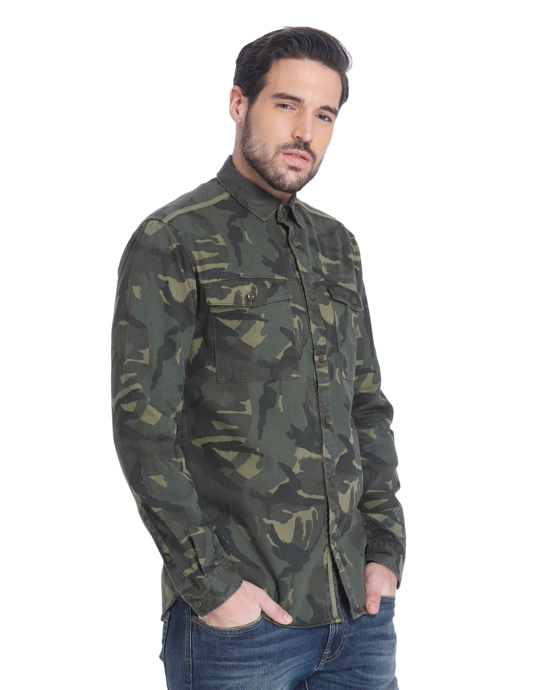 Green Camo Print Slim Fit Shirt