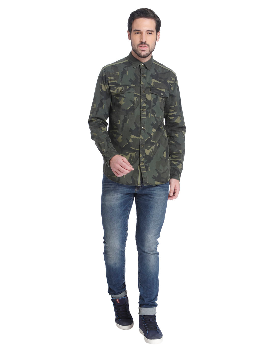 Green Camo Print Slim Fit Shirt