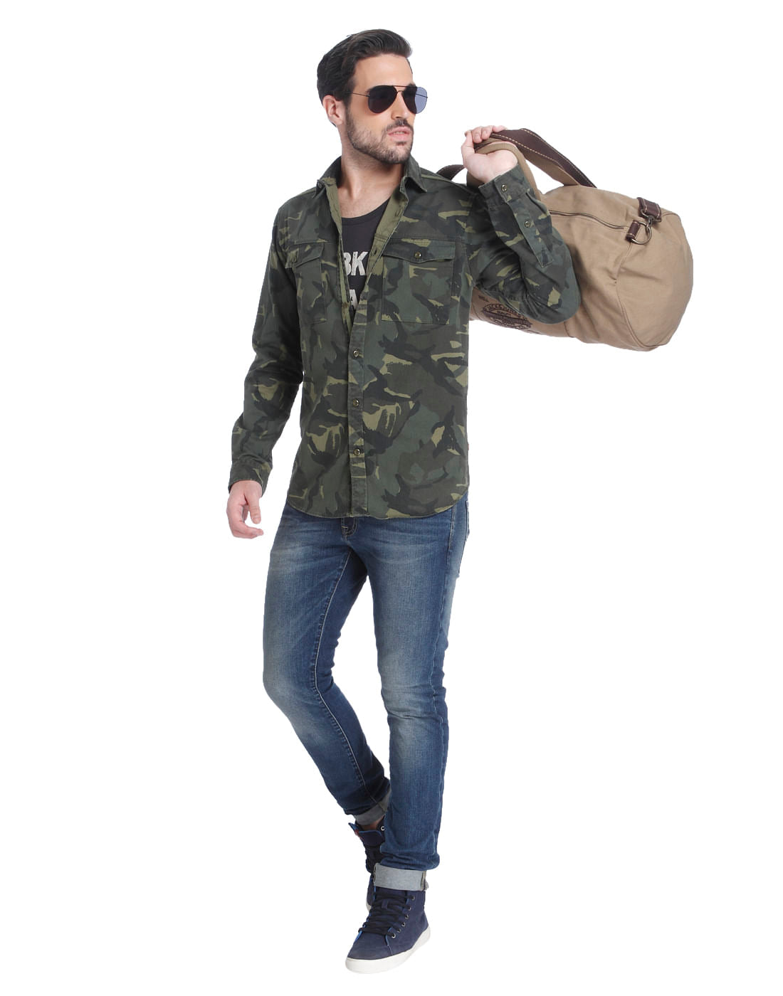 Green Camo Print Slim Fit Shirt