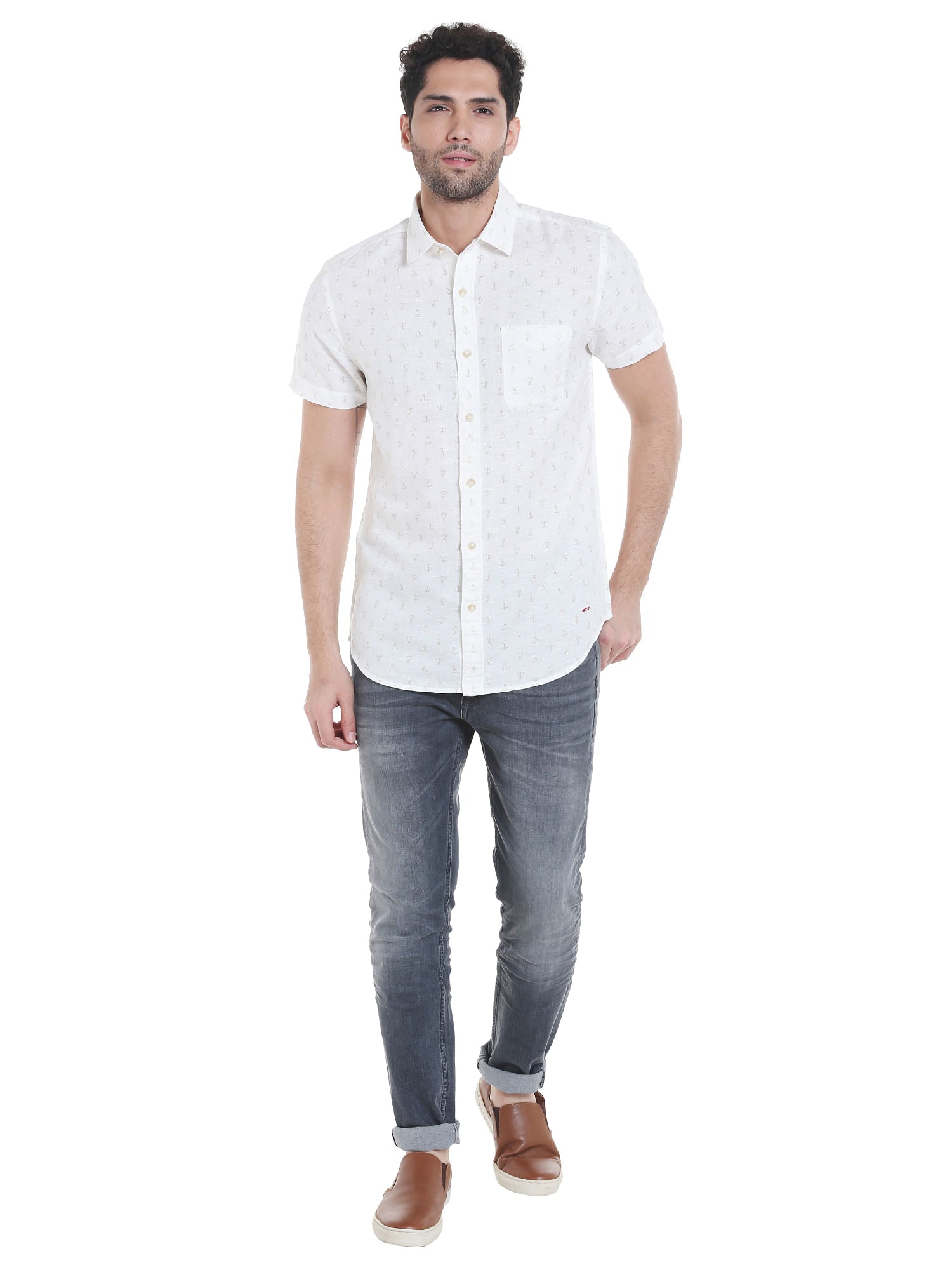 White Anchor Print Linen Shirt