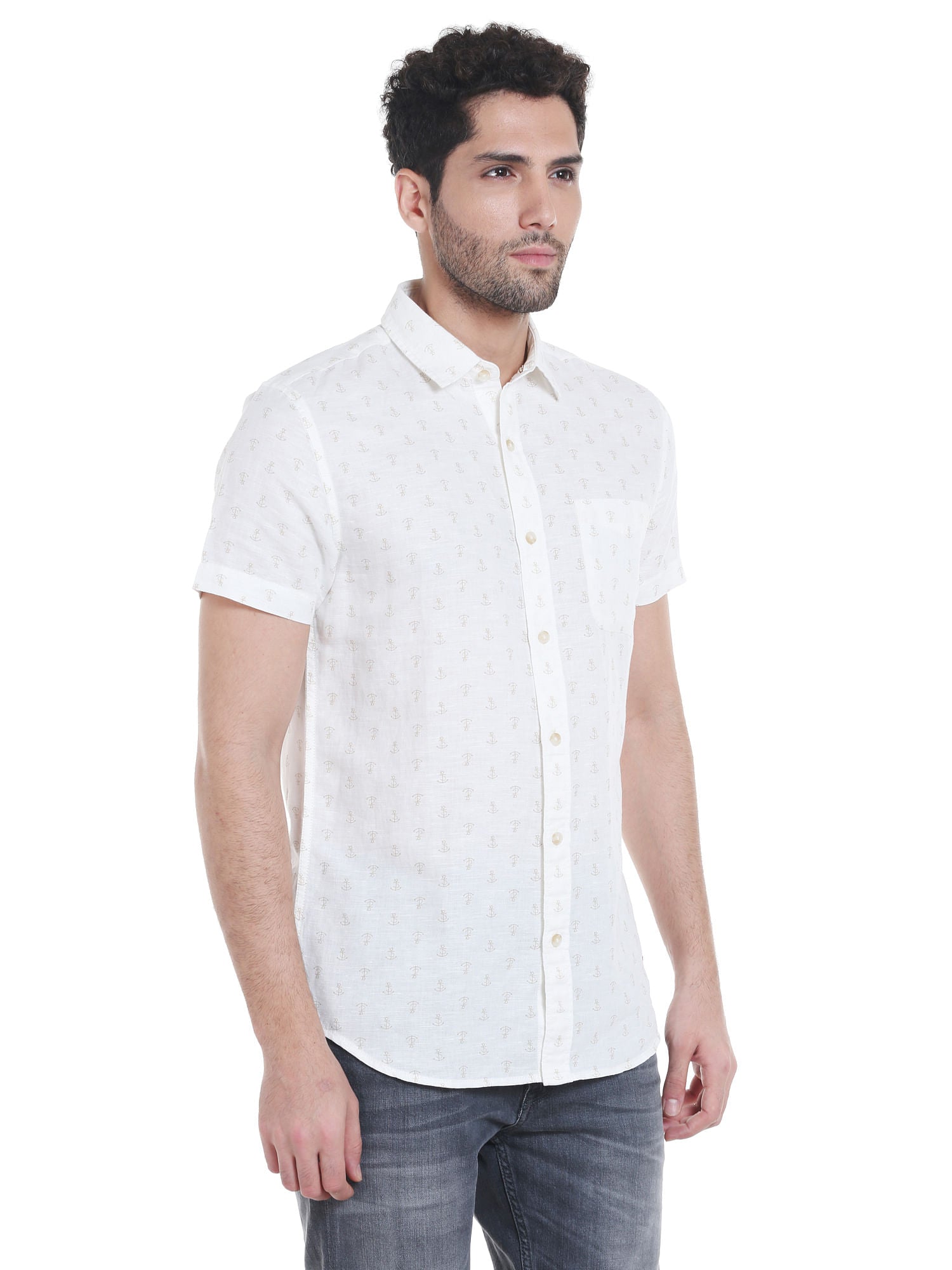 White Anchor Print Linen Shirt