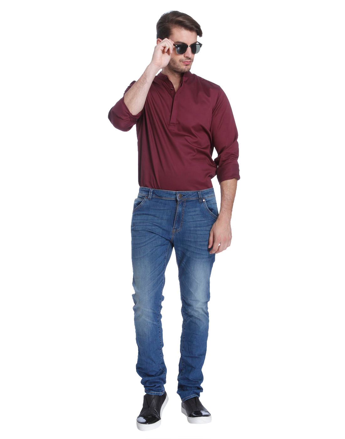 Red Mandarin Collar Shirt