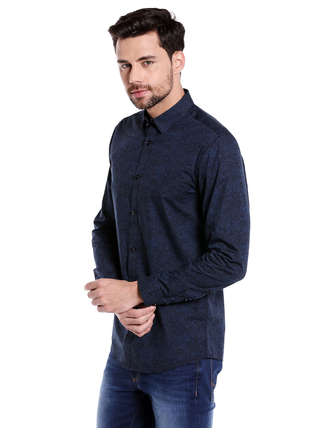 Dark Blue Paisley Print Slim Fit Shirt