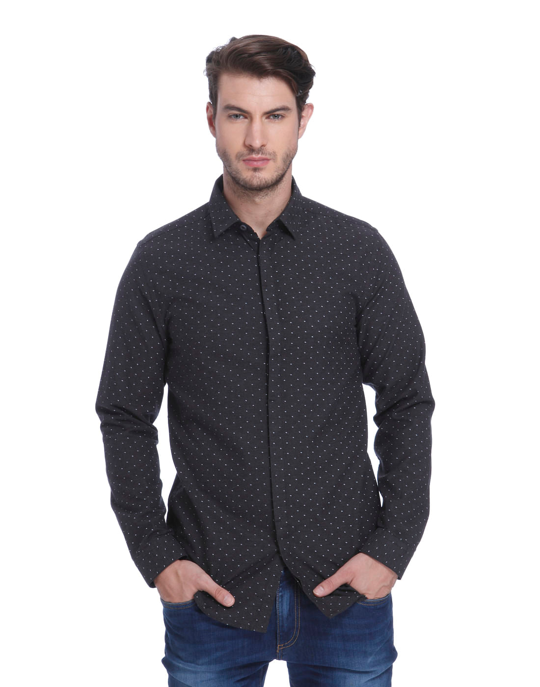 Dark Grey All Over Dotted Slim Fit Shirt