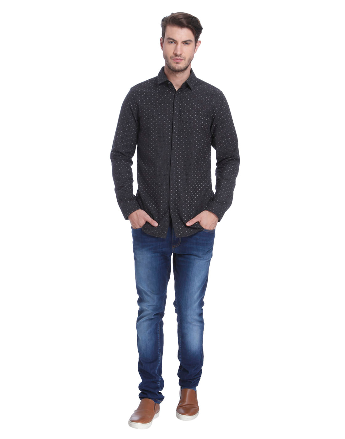 Dark Grey All Over Dotted Slim Fit Shirt