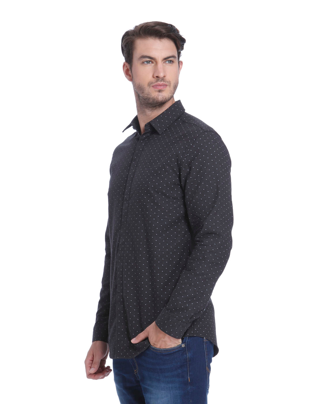 Dark Grey All Over Dotted Slim Fit Shirt