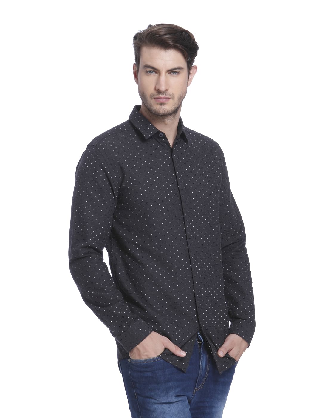 Dark Grey All Over Dotted Slim Fit Shirt