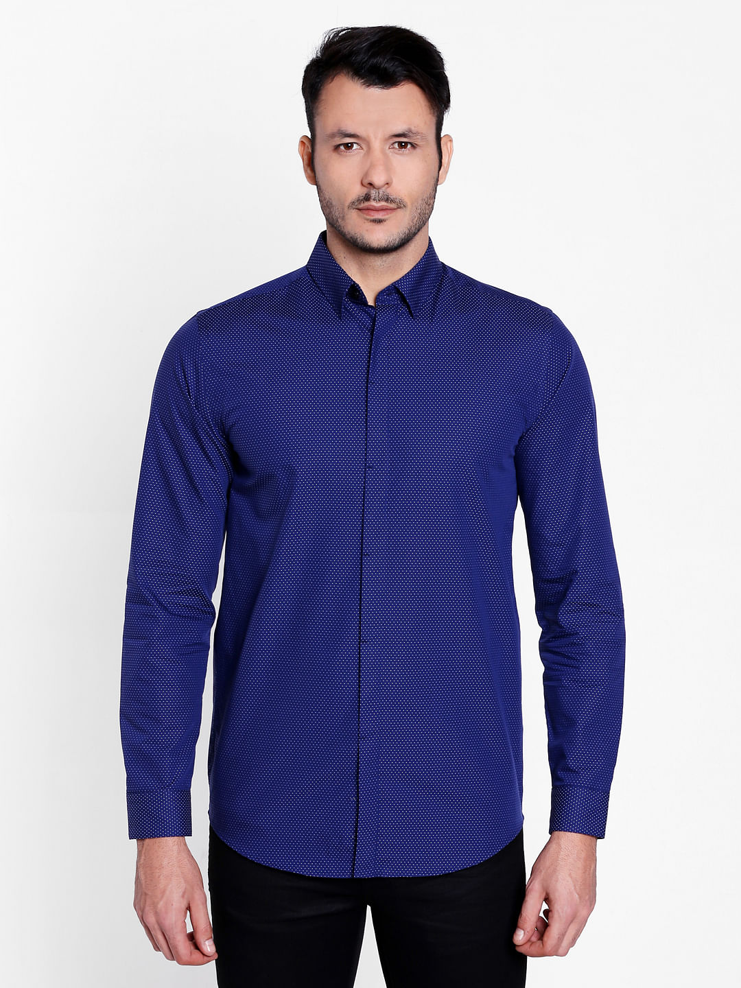 Blue Self Print Slim Fit Shirt