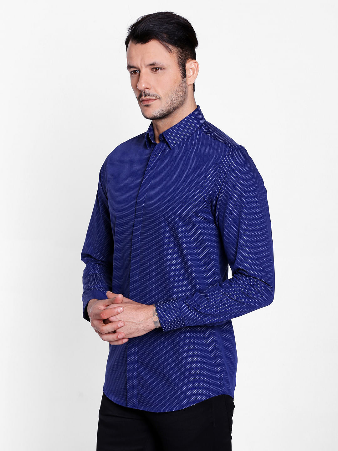 Blue Self Print Slim Fit Shirt