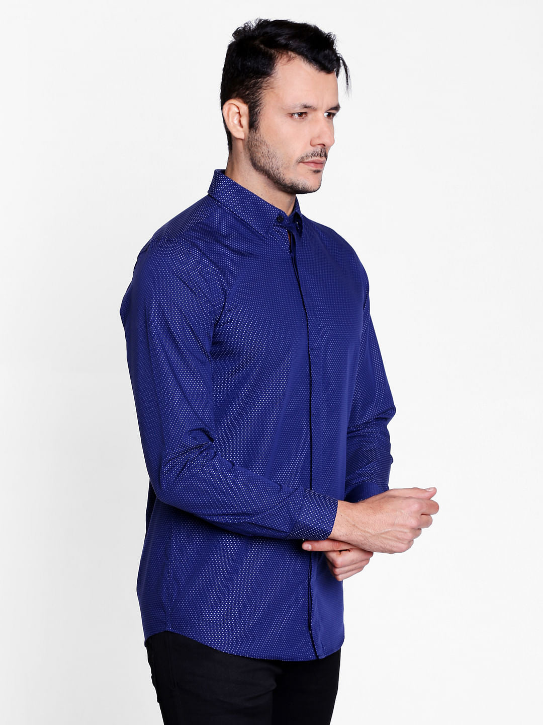 Blue Self Print Slim Fit Shirt
