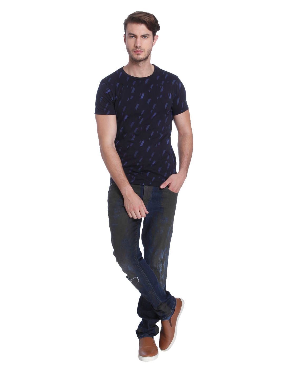 Dark Blue All Over Print Crew Neck T-Shirt