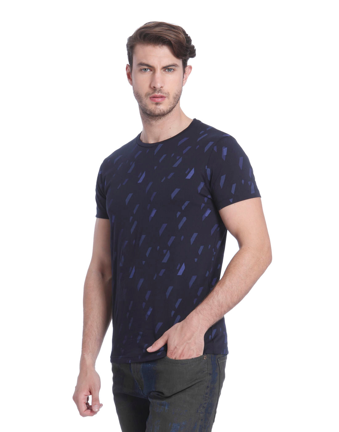 Dark Blue All Over Print Crew Neck T-Shirt