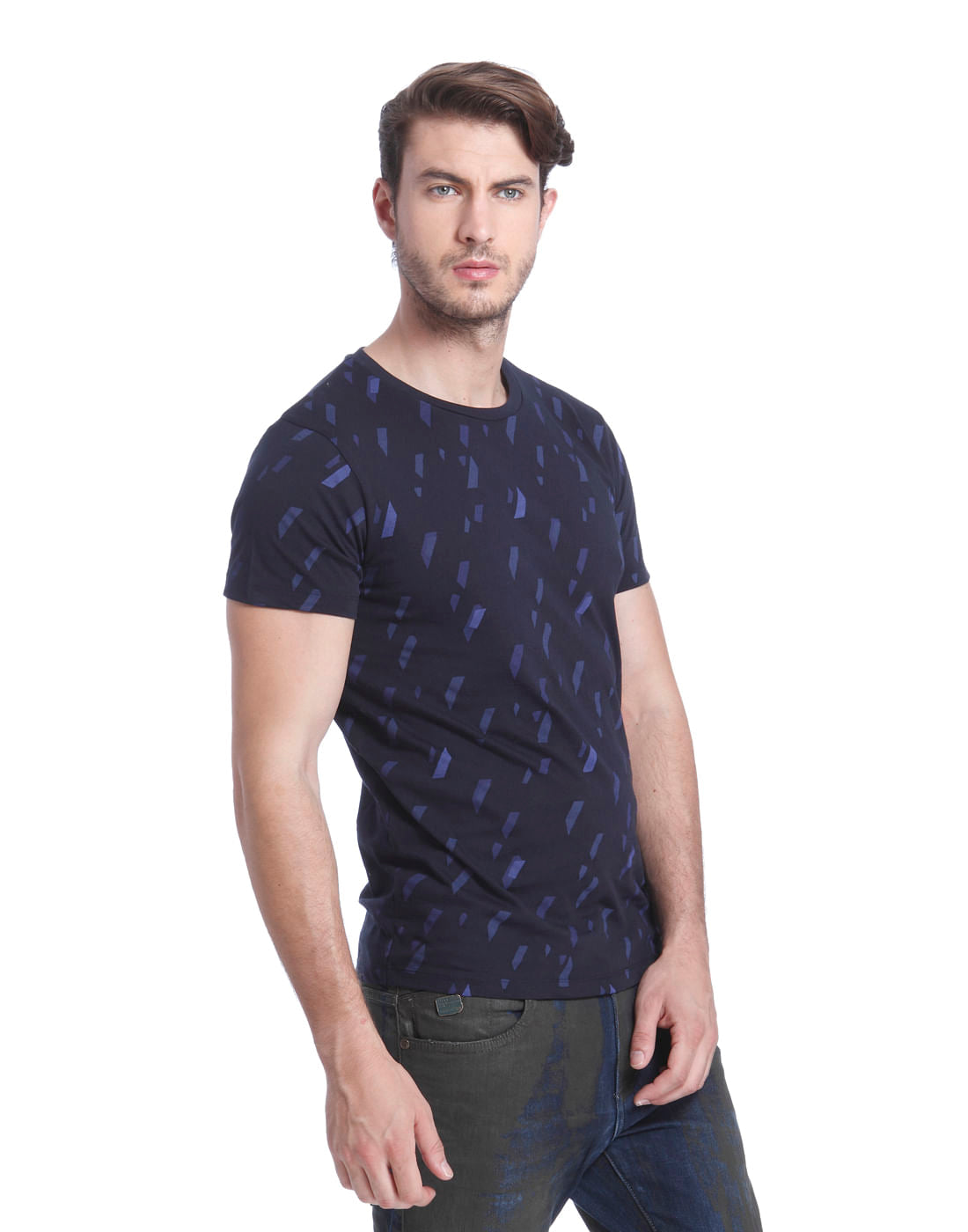Dark Blue All Over Print Crew Neck T-Shirt