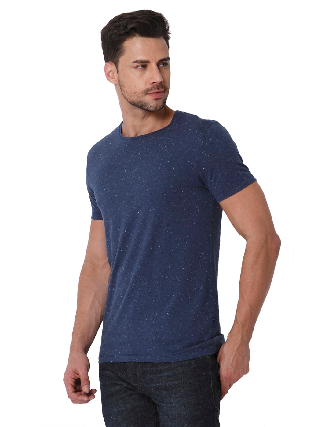 Blue Self Print Crew Neck T-Shirt