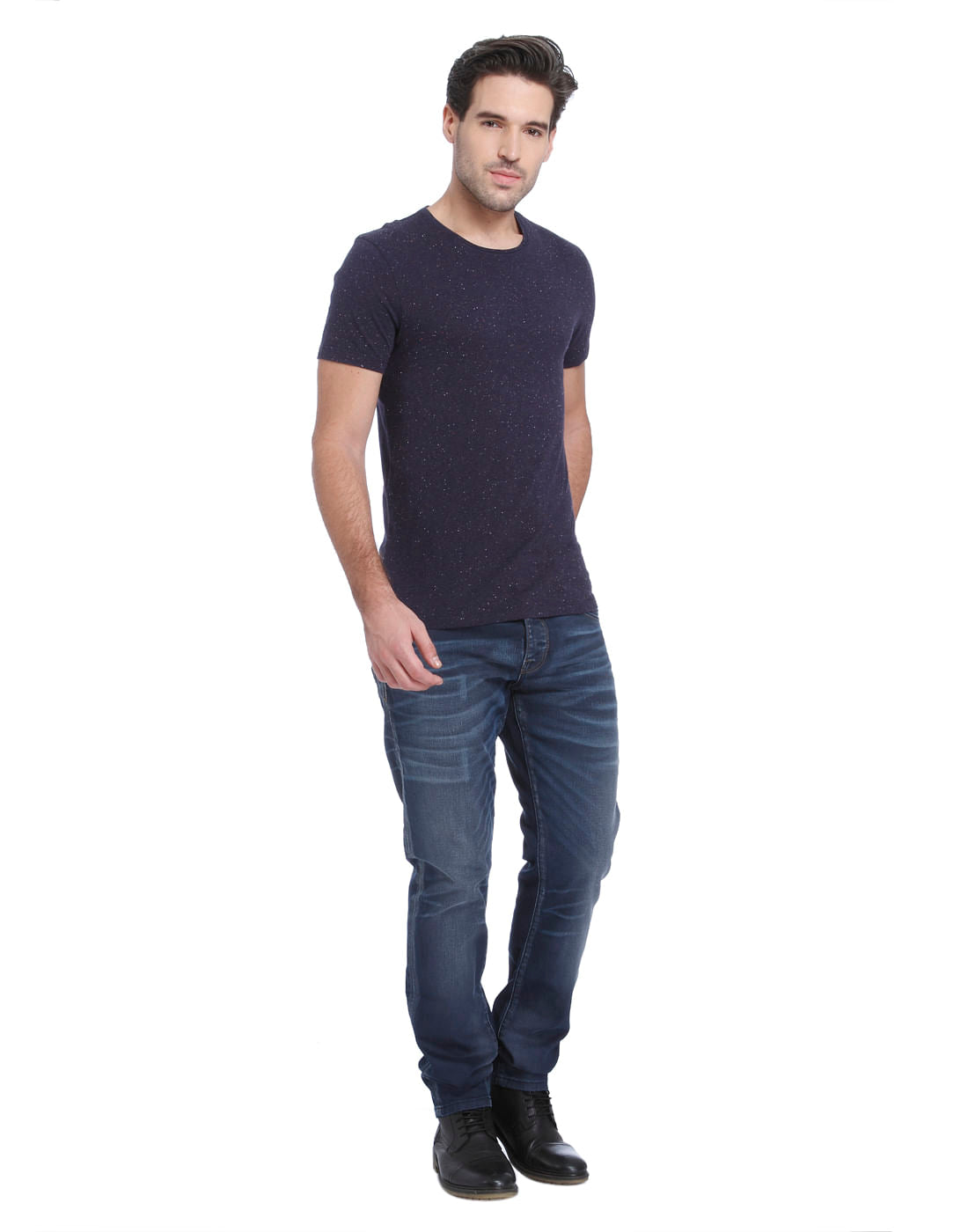 Blue Self Print Crew Neck T-Shirt