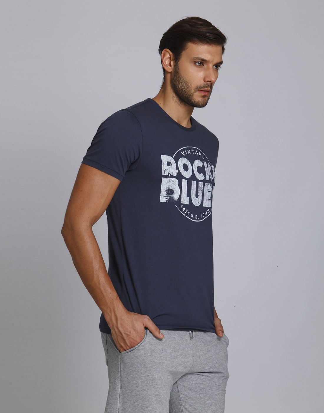 Blue Text Print Crew Neck T-Shirt