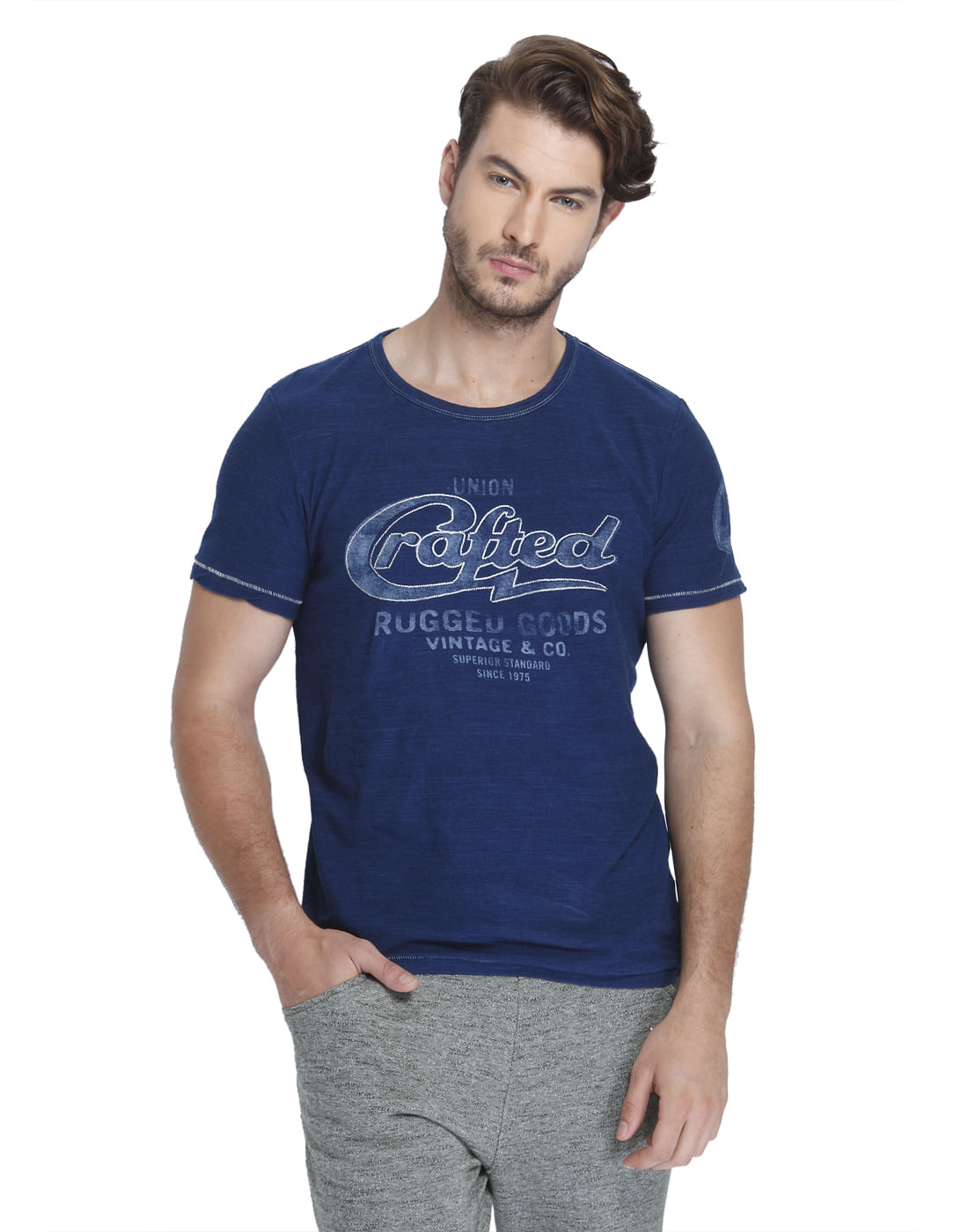 Blue Text Print Crew Neck T-Shirt