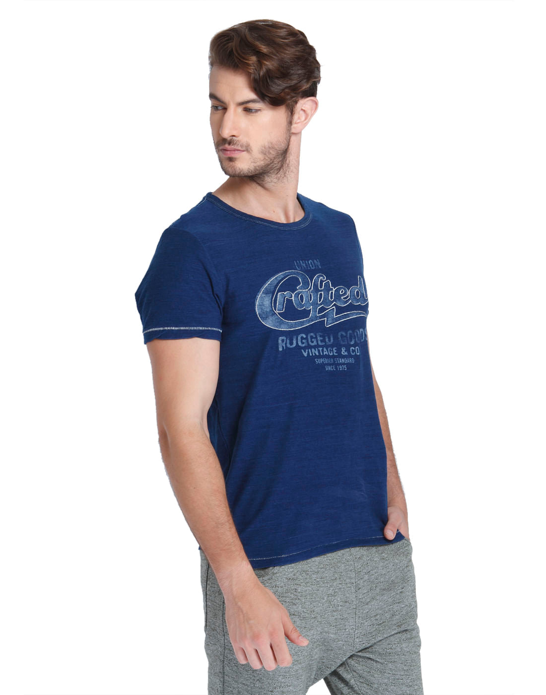 Blue Text Print Crew Neck T-Shirt