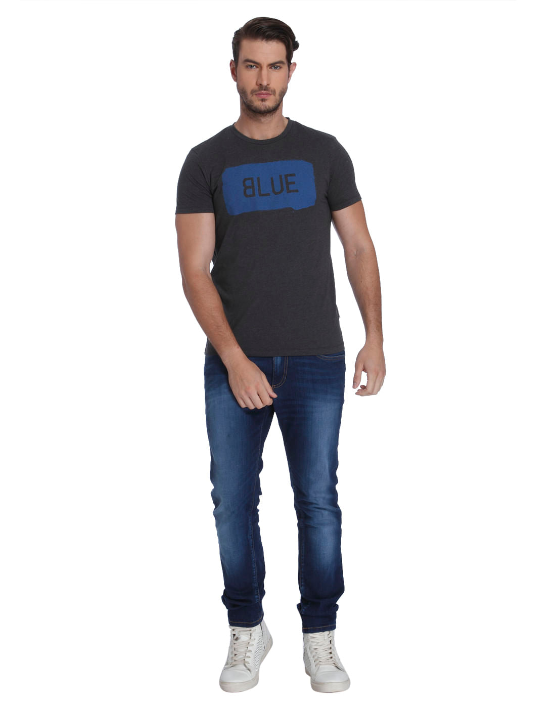 Dark Grey And Blue Printed Crew Neck T-Shirt
