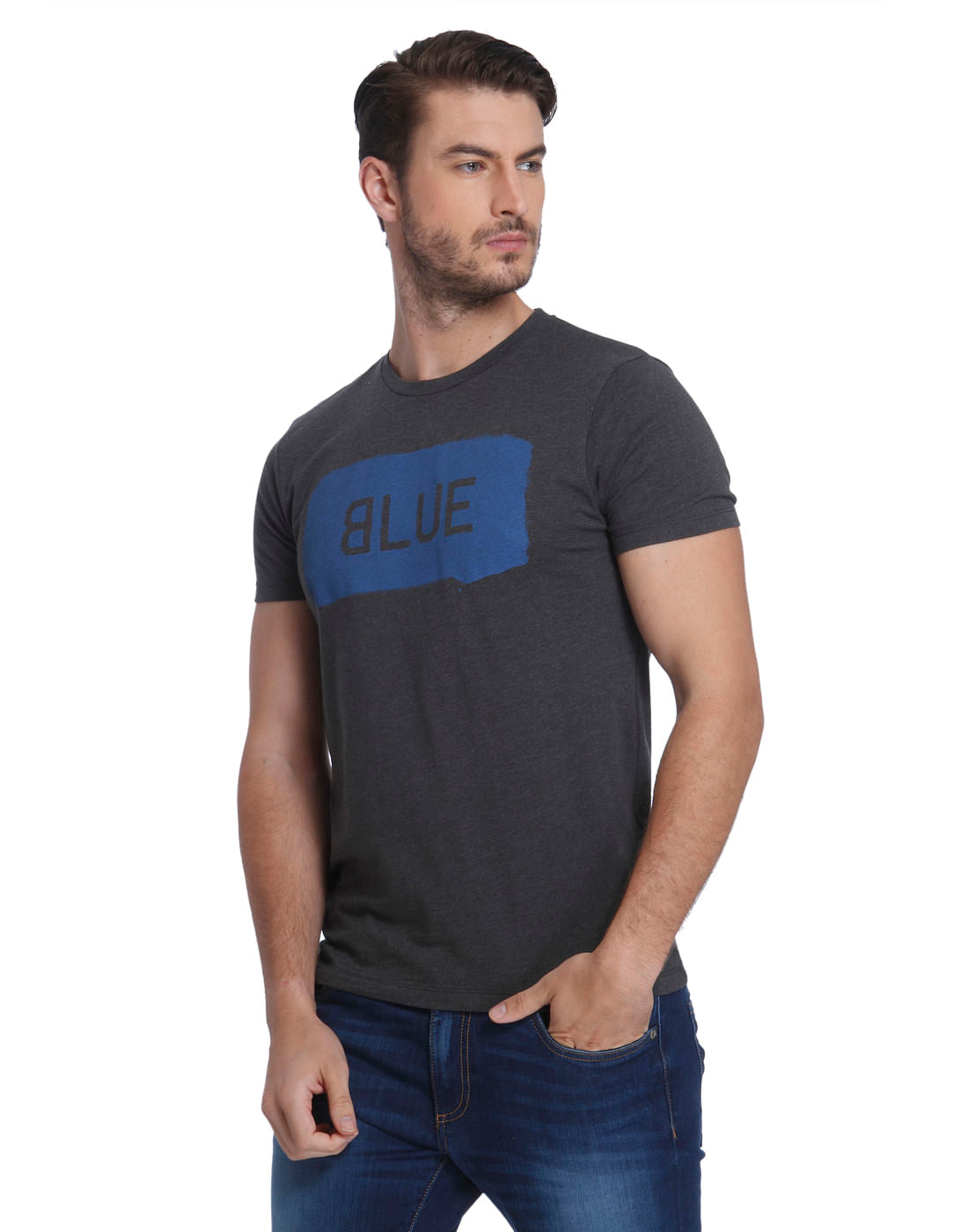 Dark Grey And Blue Printed Crew Neck T-Shirt