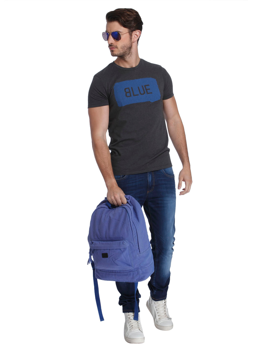 Dark Grey And Blue Printed Crew Neck T-Shirt