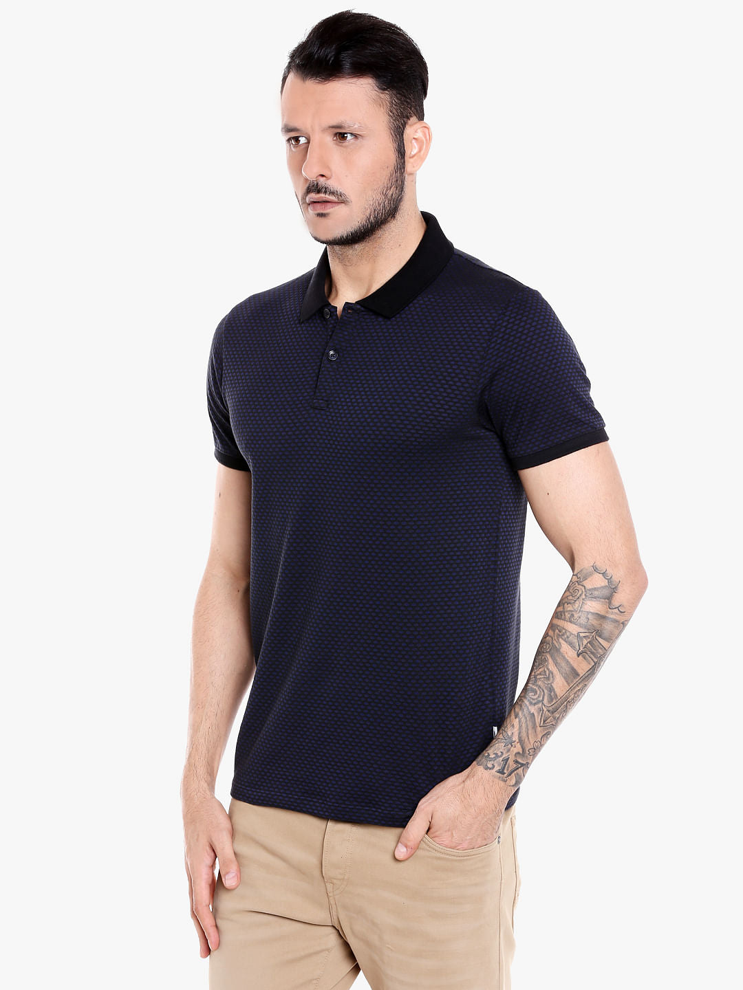 Dark Blue Printed Polo T-Shirt